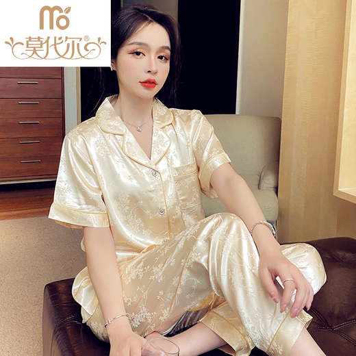 莫代尔冰丝睡衣女士夏季丝稠薄款短袖长裤加大码200斤家居服感套装 693#绿条纹三件套装 2XL (建议130-150斤)