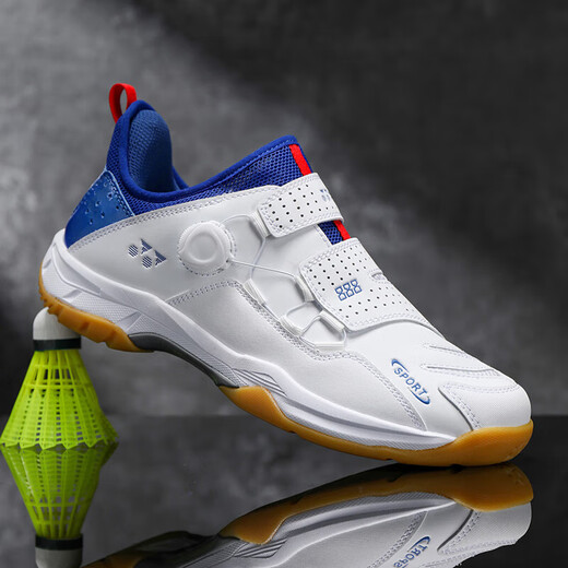 
New rotary button badminton shoes breathable couple lightweight table tennis sneakers men and women tennis training shoes white and blue 41 (255mm)