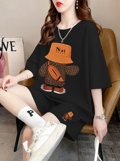 Chapitre cool (Kuzhang) plus de grande taille en deux pièces Fat MM Version coréenne Summer Nouvelle couverture de viande lâche et à la mode pour femmes Corbity Internet Shorts à manches courtes A9435 Black 2xl Recommandé 135-150jin [Jin est égal à 0,5 kg]