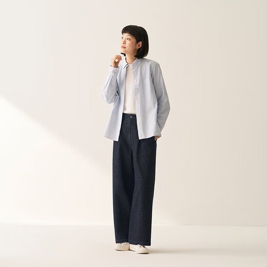 MUJI Women's Cotton Washed Oxford Button Collar Long Sleeve Shirt Women's Shirt Jacket Tops 25 Fall New Product Saxon Blue Stripe S (155/80A)