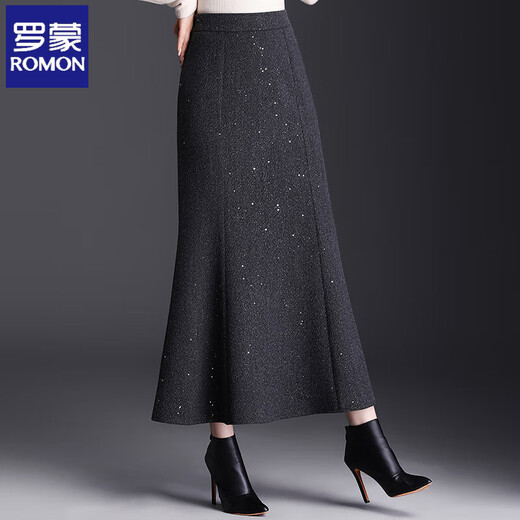 ROMON fishtail skirt spring and autumn style small fragrant skirt temperament long skirt woolen skirt hip-covering skirt gray skirt women's winter skirt gray M suitable for wearing 90-100Jin Jin is equal to 0.5 kg