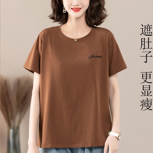 GIOIO中年妈妈纯棉t恤女夏短袖宽松汗衫加大码女装中老年圆领咖色上衣 白色【KSP-9896款】 XL 适合115-130斤