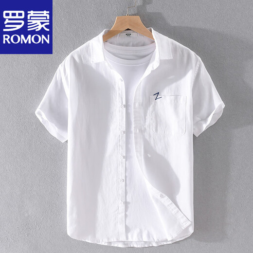 罗蒙（ROMON）男士亚麻短袖衬衫日系宽松薄款夏季青年纯色休闲棉麻料衬衣服 9711淡蓝 3XL 160斤左右