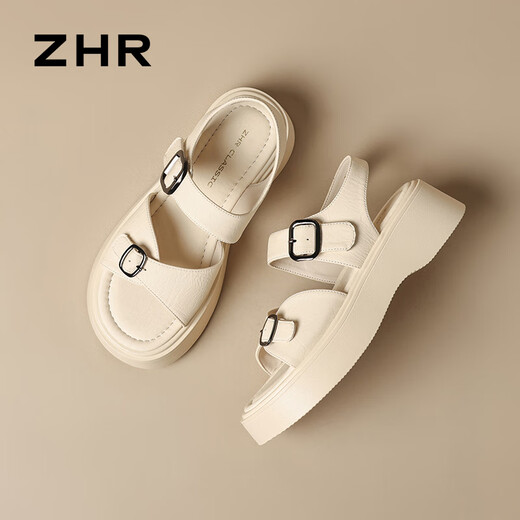 ZHR Sandalias de Suela Gruesa con Velcro para Mujer, Zapatos Ligeros de Verano para Mujer, Zapatos de Playa con Realce, KN117 para Mujer, Beige, 37