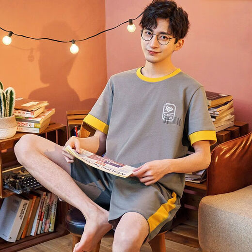 
Mu Fengqing pure color cotton summer thin pajamas for men wear plus size summer home clothes short-sleeved youth Korean style suit 9928# (short-sleeved shorts) L [95Jin[Jin equals 0.5 kg]-120Jin[Jin equals 0.5 kg]]