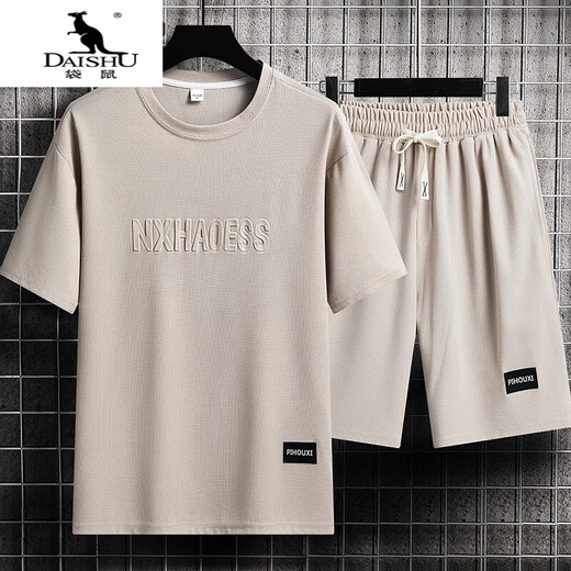 袋鼠（DAISHU）男士夏季套装青少年短袖恤薄款真冰丝两件套休闲运动服五分短裤子 套装-TZ829军绿【上衣+裤子】 L 建议110-130斤