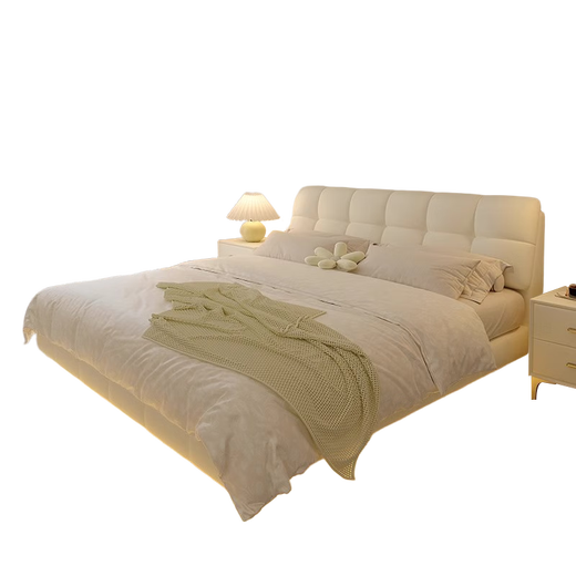 French cream style suspended bed, cloud puff bed, master bedroom double bed, light luxury leather bed, modern simple princess bed, puff leather bed-delivery to home, 1.5*2.0 meter full-bed suspended structure