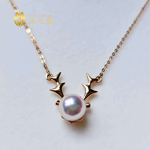 Only double aurora goddess Japanese akoya sea water pendant 18k rose gold antler necklace is round and fashionable 18k rose gold integrated chain + akoya flower beads 9.5-10mm