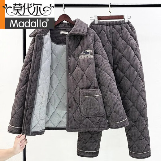 莫代尔睡衣男士冬季加绒加厚三层夹棉袄中年法兰绒家居服珊瑚绒保暖套装 N9921M灰 加厚升级面料剪花 L (100-120斤)