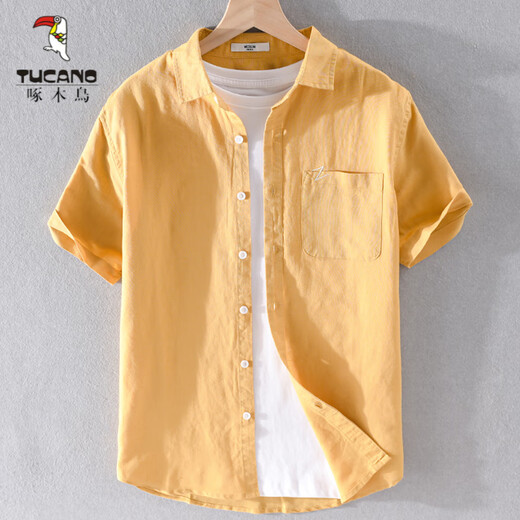 
Woodpecker (TUCANO) men's linen lapel short-sleeved T-shirt loose top with neckline T-shirt linen summer clothing yunyi-9711 white M
