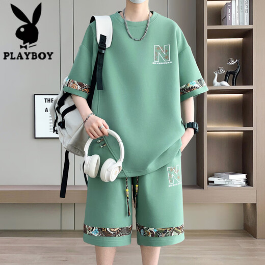 花花公子（PLAYBOY）夏季新款大码休闲运动套装男士短袖短裤两件套潮 【套装】6195：白色 XL (建议130-150斤)