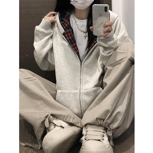 Du Xiaoxian's spliced plaid hooded cardigan and sweatshirt for men for spring and autumn vacation two-piece American fashion brand heavy stiff zipper jacket white gray plus velvet L Recommended 100-120 Jin Jin equals 0.5 kg