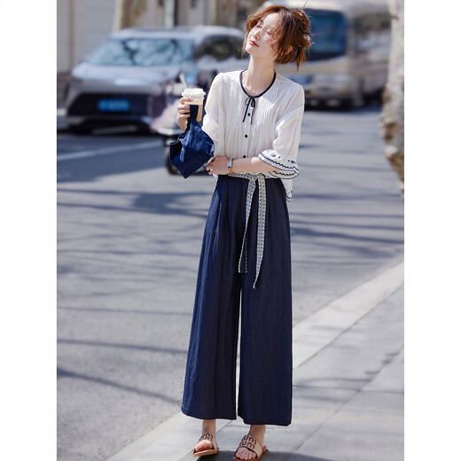 Awakening Paradise French Style Literary Style Round Neck Shirt Lace Tie High Waisted Wide Leg Pants Two-piece Commuting Suit Navy XL