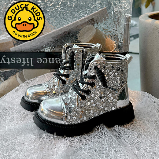 G.Duckkids Kinder Martin Boots Girls Autumn Single Stiefel 2025 Neue britische vielseitige Kurzstiefel mit mittlerer Kinder-Pailletten-Mode-Lederstiefel schwarz 31 innere Länge 19,6 cm