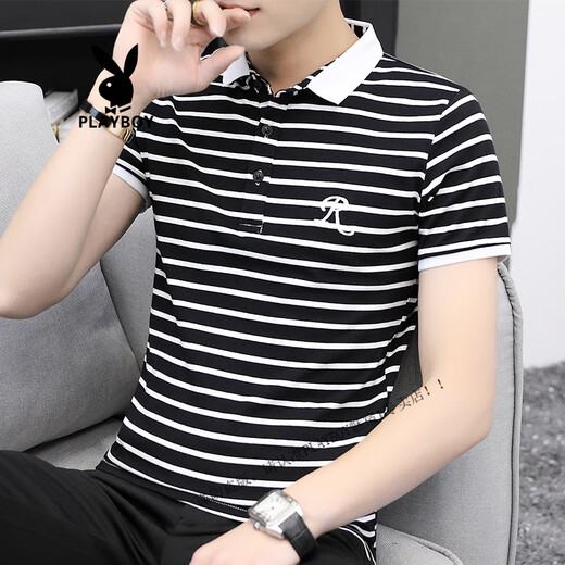 Playboy (Playboy) Summer 95 Camiseta de manga corta de algodón Summer de verano Nuevo estilo tostado de collar rayado Halk manga Top Tierra B6636 White 2xl 134-149Jin [Jin equivale a 0.5 kg]