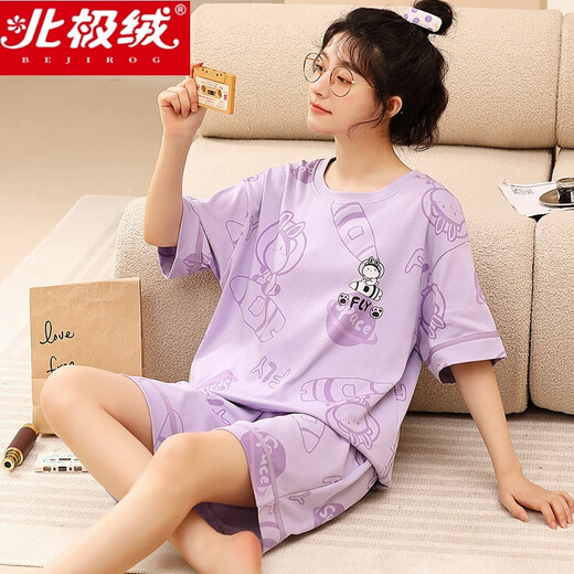 Pajama de terciopelo ártico (bejirog) para mujeres en verano algodón puro pantalones cortos de manga corta gran tamaño para mujeres cartoon chaleco suelto ropa de hogar conjunto de dos piezas Shorts-lana-g6636 m tamaño de mujer (85-100Jin [Jin equivale a 0.5 kg])