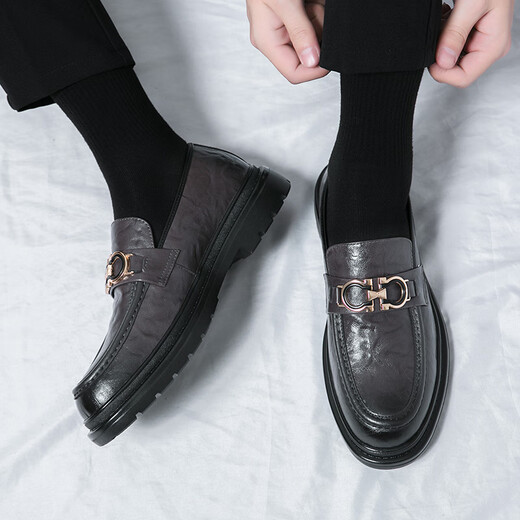 Baiguanli.com Fangshi Store Flag Genuine Leather One-Pick Men's Loafers Lazy Trendy Spring Men's Shoes British Casual Leather Shoes Korean Style Doudou Shoes Men 3518 Black T.S.L Genuine Leather Style 38