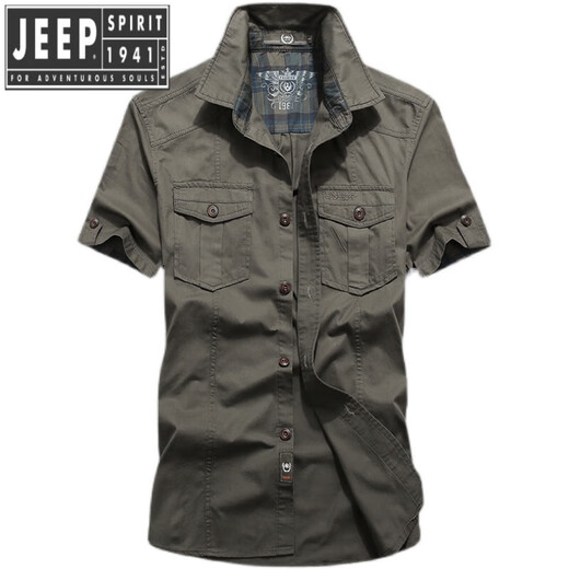 JEEP SPIRIT夏季新款水洗短袖衬衫休闲宽松大码半袖中青年纯棉工装衬外套衣潮 波霸1391豆绿 XL