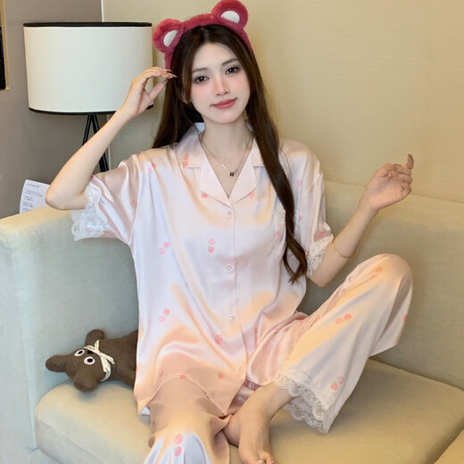 Pajama de seda de hielo transfronterizo antártico para mujeres Lindo estilo Bear Summer NUEVO ALIMO ALIMO CAREATE Pantalones de manga corta Conjunto de ropa para el hogar YFY9905# M 170 [sugerido 80-100Jin [Jin iguala 0.5 kg]]]