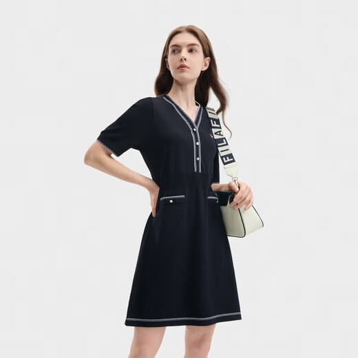 斐乐（FILA）SS24MODERNHERITAGE系列日常百搭时尚休闲V领短袖连衣裙女款 传奇蓝 S