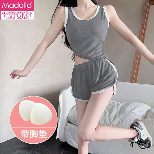 莫代尔背心睡衣两件套女夏季可外穿带胸垫户外运动家居休闲服套装 12035#黑色 壳 M