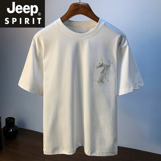 JEEP SPIRIT夏季男款短袖T恤宽松休闲圆领薄款衣服2025新款绣花半截袖体恤男 白色 【HJ6630】 L 适合115-130斤穿