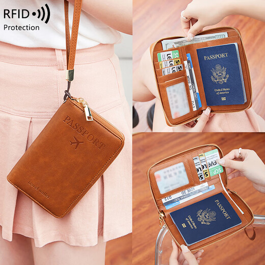 New new certificate bag anti-theft brushing RFID passport clip zipper ID card wallet money clip multifunctional travel passport bag light brown