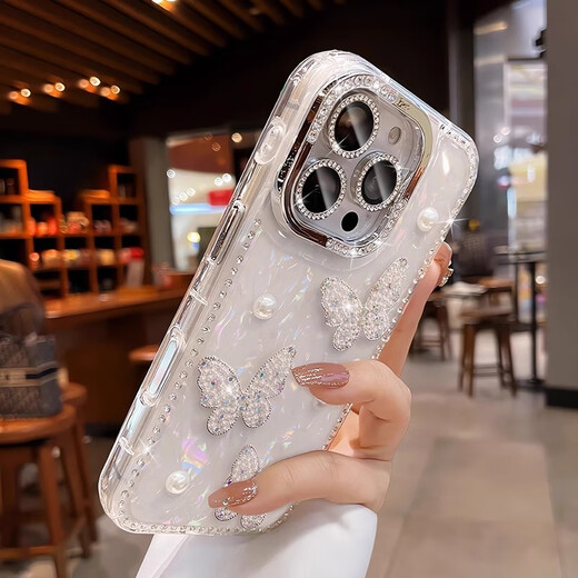 秒扬 适用苹果16promax手机壳iphone15新款水钻镜头膜14pro珍珠蝴蝶贝壳纹13防摔12相机按键全包高级 【纯色蝴蝶】AI相机按键-珍珠水钻-带镜头膜 iPhone 16promax