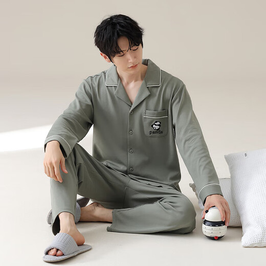 
100% pure cotton men's pajamas spring and autumn lapel long sleeve trousers cotton suit for middle-aged and young people loose to go out T16803 men's style [long sleeve + trousers] XL [120-140Jin[Jin equals 0.5 kg]]