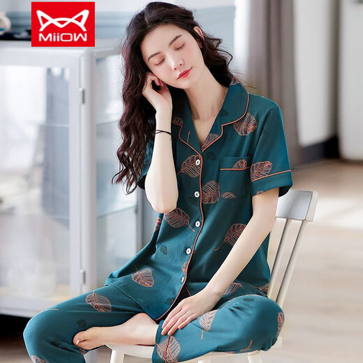 猫人（MiiOW）睡衣女士夏季纯棉短袖长裤家居服春夏天薄款开衫加大码 QNM-LMSJ-Q9929 M -【建议80斤-100斤】