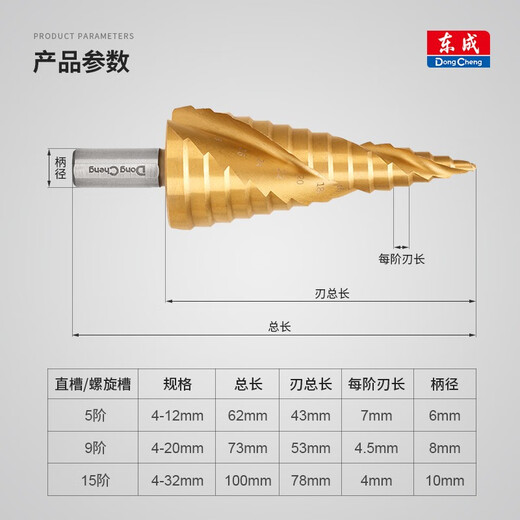 Dongcheng pagoda drill bit high hardness drilling stainless steel hole opener metal expansion straight groove spiral groove step straight groove step drill (9 steps)