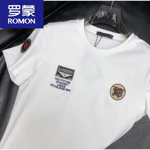 ROMON summer new men's badge embroidered round neck half-sleeved men's trendy brand slim short-sleeved T-shirt simple and versatile fashion men's clothing 6622 white XL