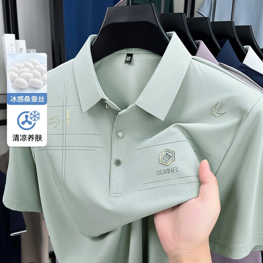 兰人坊奢侈桑蚕丝短袖T恤男2025夏季翻领POLO衫冰凉感商务休闲半袖上衣 2677粉紫色 M 建议体重70-120斤
