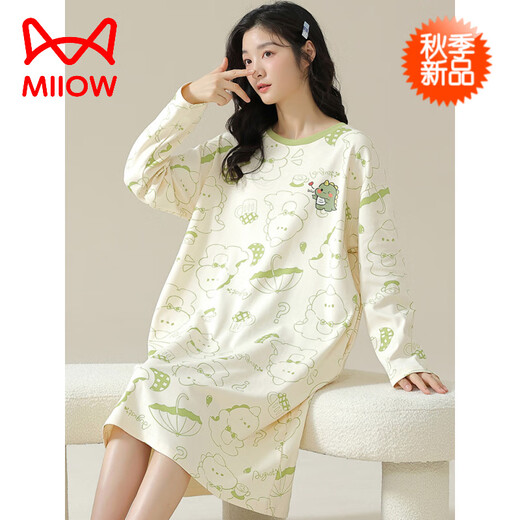 猫人（MiiOW）春秋季睡裙女秋款长袖睡衣纯棉夏季2025新款条纹可外穿家居服大码 LX-16854 M