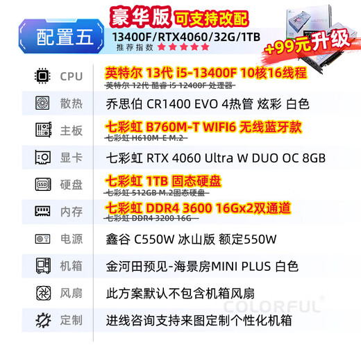 七彩虹（Colorful）海景房主机 i5 12600KF/RTX4060Ti 5060TI黑神话悟空电竞游戏设计办公电脑主机台式组装机 配五：12400F丨16G丨512G丨4060白色
