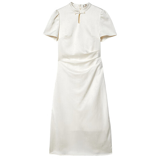 Shangdubila elegant commuting national style stand collar hollow slit pleated slim puff sleeve jacquard dress 152LI2110