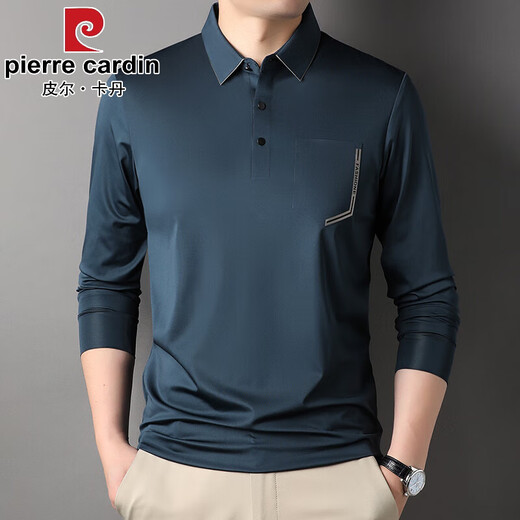 皮尔卡丹（pierre cardin）秋季冰丝无痕t恤男士长袖翻领polo衫凉感有口袋兜中年体恤爸爸装 灰色-7036 M 165