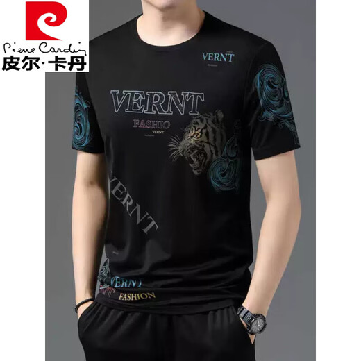 
Pierre cardin light luxury summer new ice silk short-sleeved T-shirt for young and middle-aged men round neck print trendy thin top half sleeve black 733 M 165 [recommended 100-120 Jin [Jin equals 0.5 kg]]