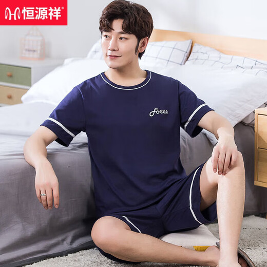 Hengyuanxiang men's pajamas summer cotton short-sleeved shorts youth and middle-aged casual plus size summer thin home clothing set HD9922 [short-sleeved shorts set] L [100-130Jin [Jin equals 0.5 kg]]