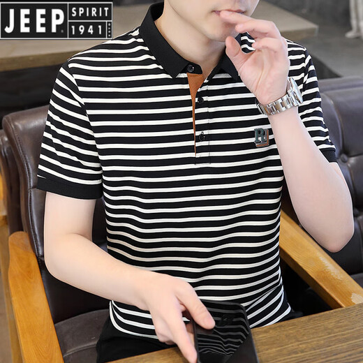 JEEP SPIRIT Jeep Pure Cotton Skin-friendly Striped Short Sleeve T-shirt Men's Summer New Fashion Polo. Shirt Casual Large Size Top WE7029 White 2XL 185
