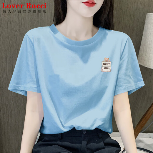 LOVER RUCCI dark gray pure cotton short-sleeved T-shirt for women 2025 new summer fashionable round neck print niche half-sleeved top T-shirt 6197 dark gray regular style (pink print) S 80-100Jin [Jin equals 0.5 kg]