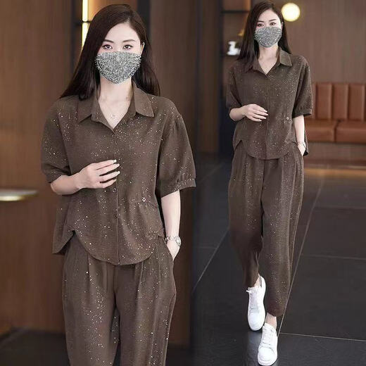 啄木鸟休闲时尚套装女2025夏季新款宽松洋气细闪减龄衬衫哈伦裤两件套女 深咖色-套装579 M 建议90斤-105斤