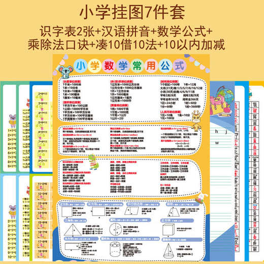 奔奔兔早教挂图小学学习挂图全套拼音字母乘除加减法口诀表学习神器礼物 小学学习挂图10件套