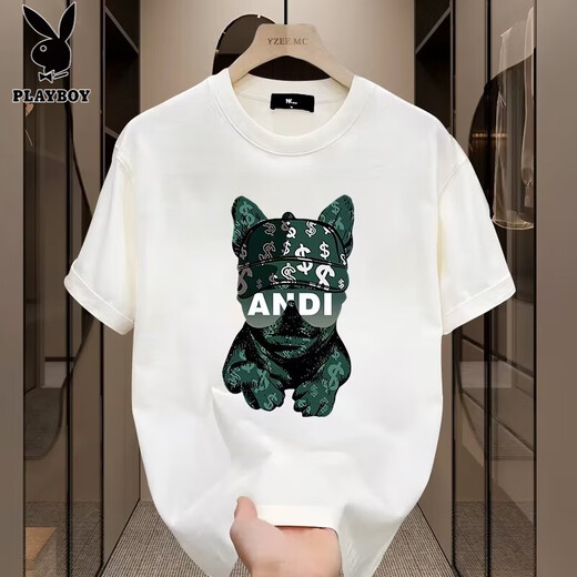 
Playboy (PLAYBOY) European and American trendy summer pure cotton short-sleeved T-shirt for men 2025 new T-shirt loose large size couple outfit men's half-sleeved V691 black S