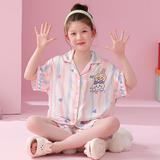 Shiru Meng Spring and Summer Abel Girls Summer Suite à la maison Ice and Snow Silk Cartoon Cardigan Pyjamas Children's Short Sleeve 6629 # (Rainbow Pony) 135 Enfants 14 125-135cm 50-60Jin [Jin est égal à 0,5 kg]