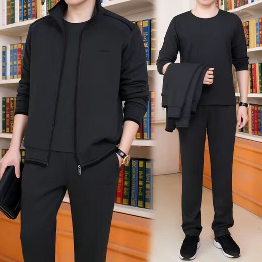 喆炜男装中老年运动休闲套装男春秋运动服三件套爸爸装男士套装棉 6624灰色三件套配长袖t恤 10XL l-(建议体重100-125斤)