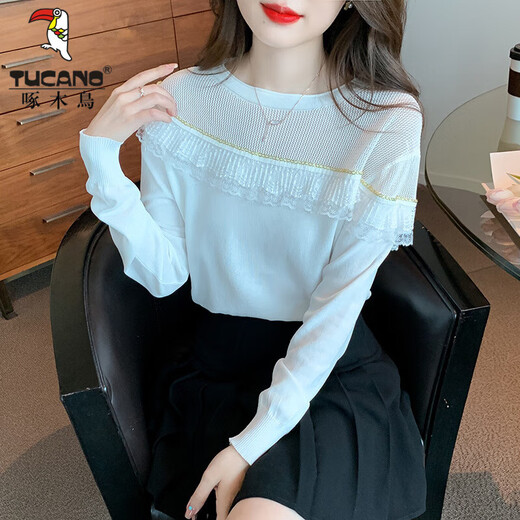 
Woodpecker 2025 autumn and winter new fashion mesh spliced ruffle knitted base shirt fashionable women's sweater top white S