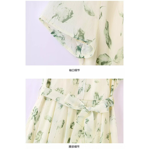 
XAE luxury high-end brand short-sleeved dress for women 2025 summer new small French slim floral chiffon skirt with rice black flowers XL
