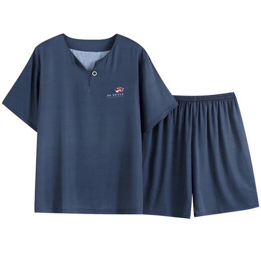 UKUHPK summer men's ice silk pajamas short-sleeved shorts suit thin home clothes cardigan 9864-gray blue L (100-125Jin[Jin equals 0.5 kg])