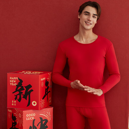Top Guaguagua Herbstkleidung und Hosen Männer reines Baumwoll -Unterwäschepaar Anzug Zy12001 Chinesische rote Männer (runder Nacken) 185